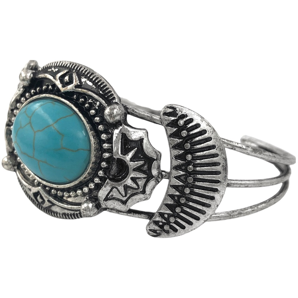 Tribal Look Turquoise Stone Silver Western Statement Cuff Bracelet